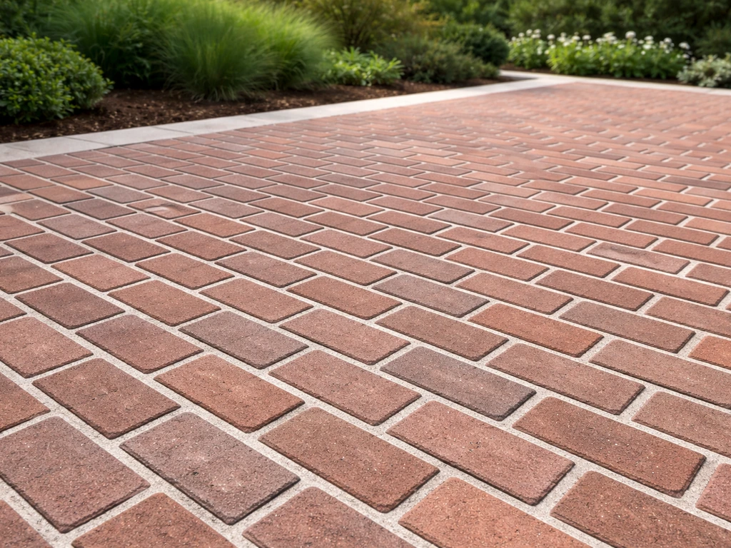 Finished exterior brick patio with visible brick texture and clean joints in a garden setting.