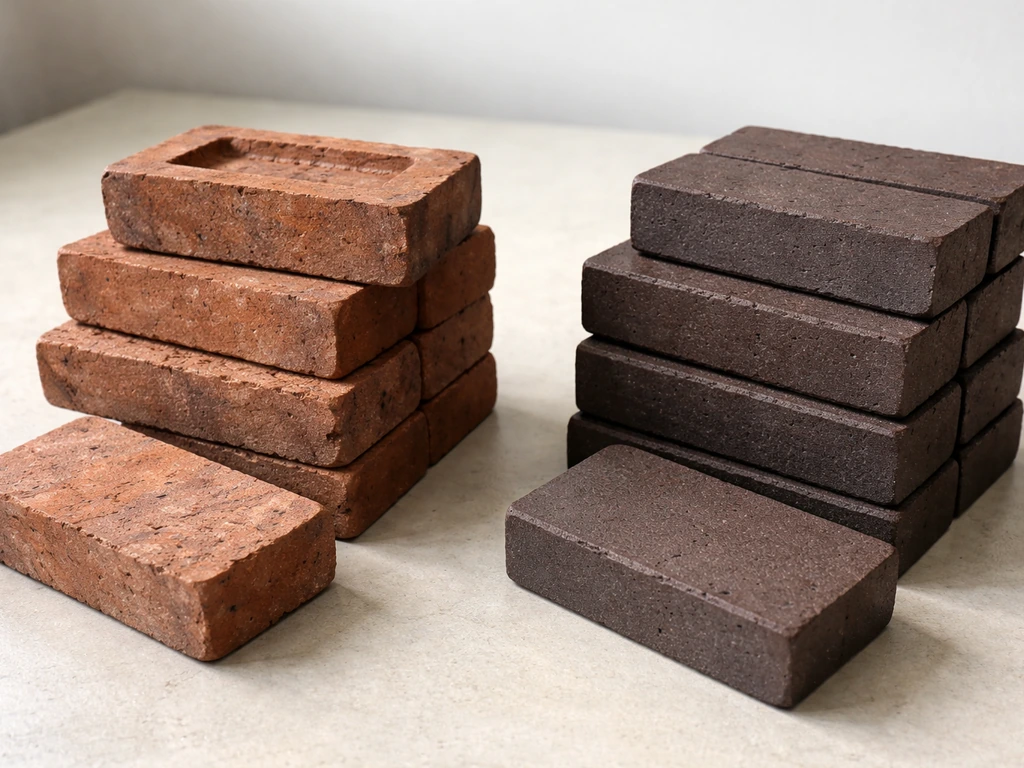 Close-up of two sets of brick samples—clay facing bricks beside denser paving bricks for comparison.
