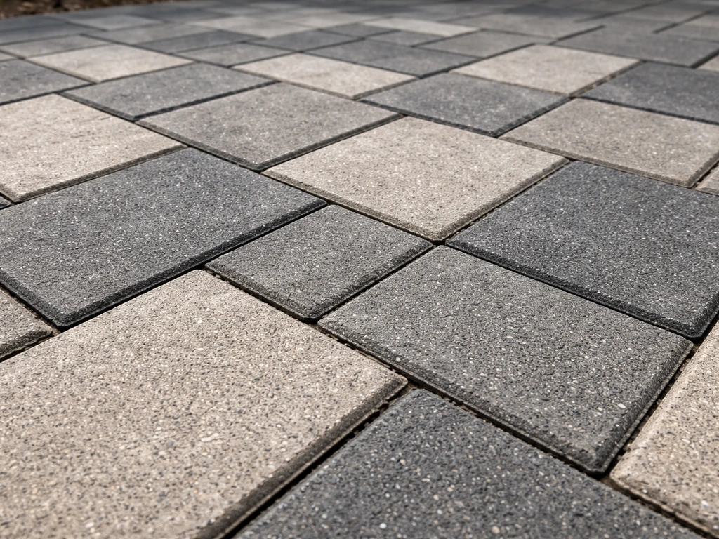 Close-up of dense engineering paving bricks laid in a patio pattern with thin mortar lines.