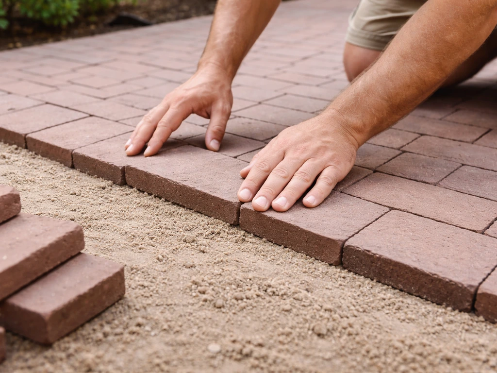 Installer hand-placing purpose-made clay brick pavers on a patio base, showing correct paving thickness and shape.