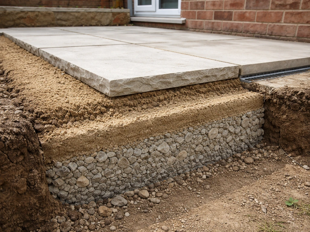 Exposed patio base cross-section showing compacted sub-base, bedding layer, and drainage fall direction.