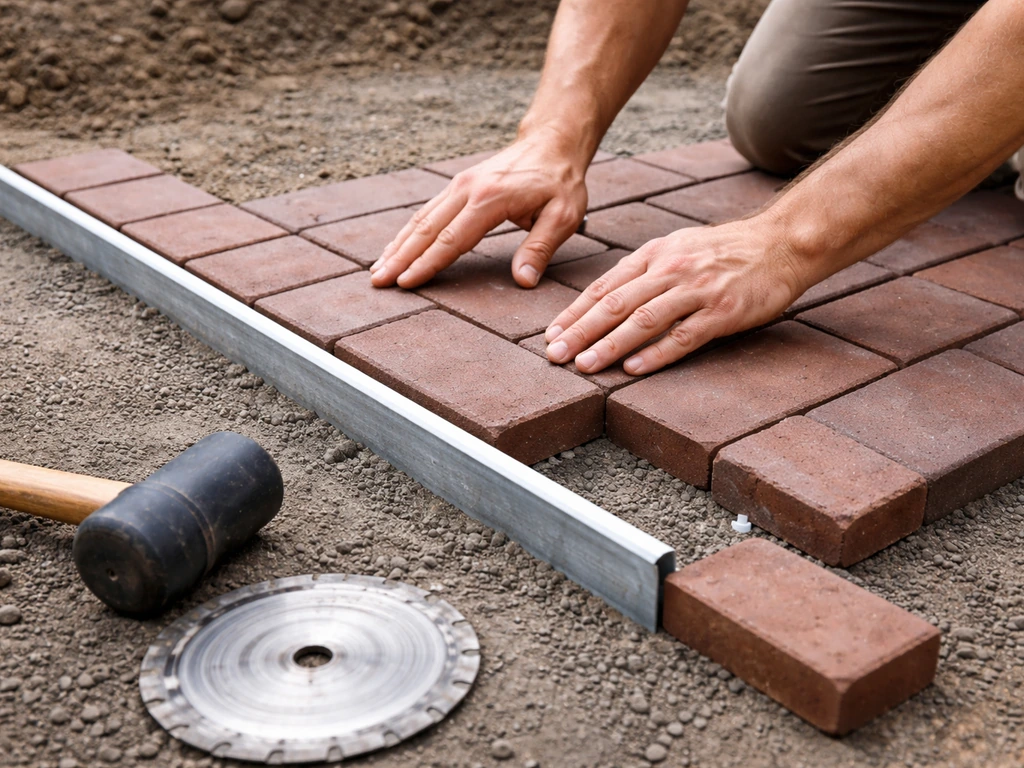 Hands lay patio bricks with spacers and an edging guide, including a cut brick piece at the border.
