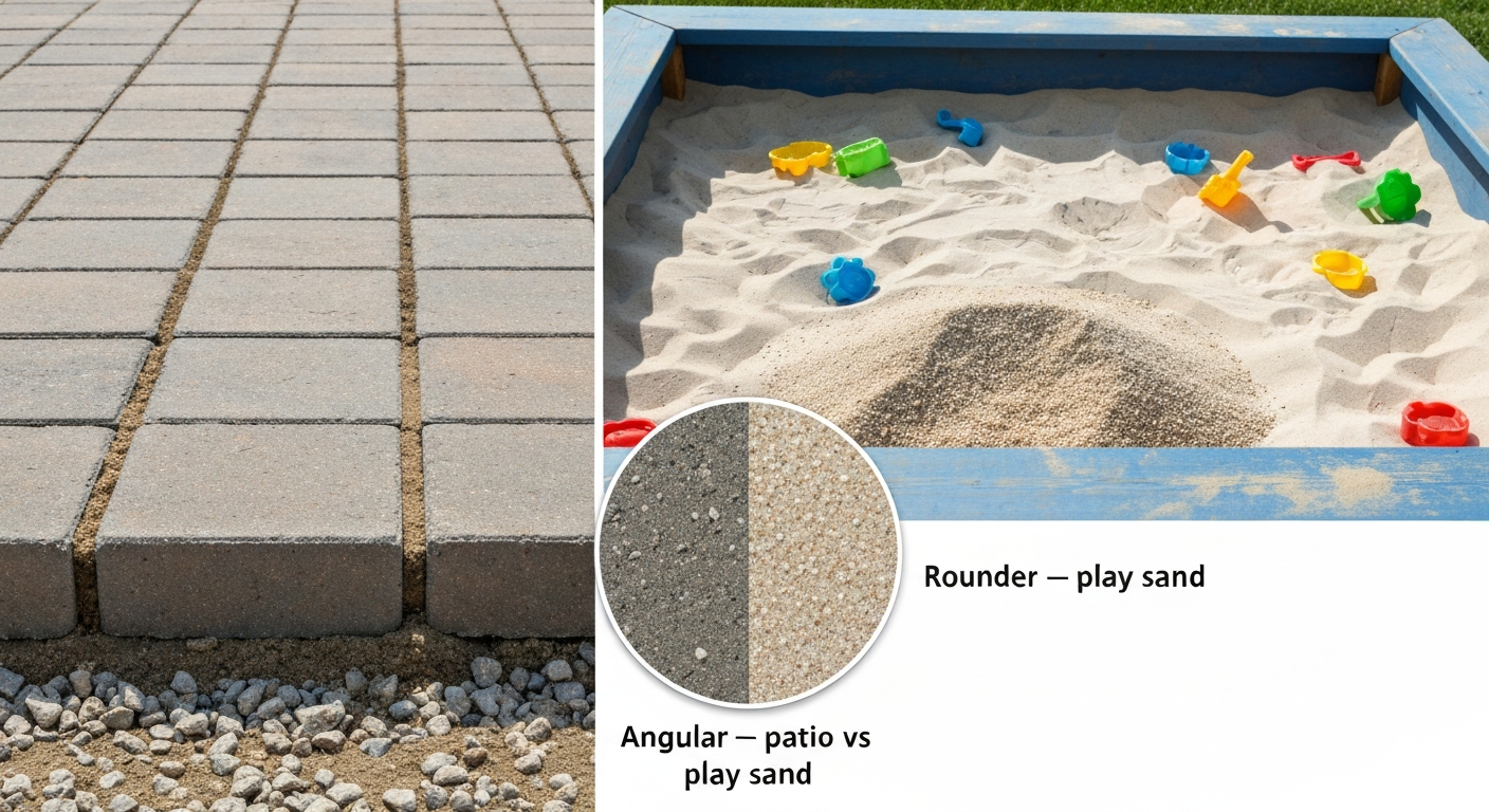 Split photorealistic image: a paver patio with angular patio sand and exposed gravel base on the left, a children's sandbox with fine rounded play sand on the right; inset close-up comparing angular vs rounded sand grains.