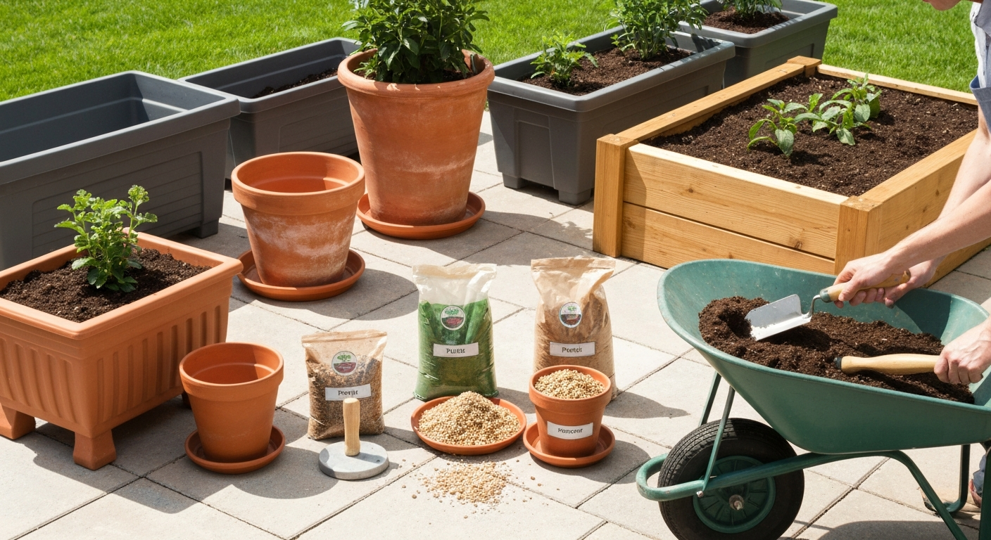 Sunlit patio with multiple containers and a raised bed; gardener mixing potting mix, perlite, coir, and compost in a wheelbarrow; visible bags labeled with media names; pot feet and drainage saucers in view.