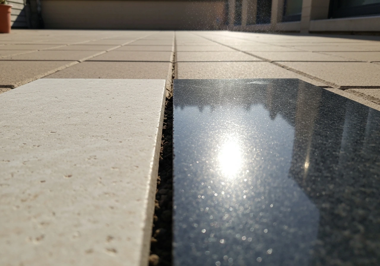 Dark and light outdoor stone boards in direct sun, with visible heat shimmer above the dark stone.