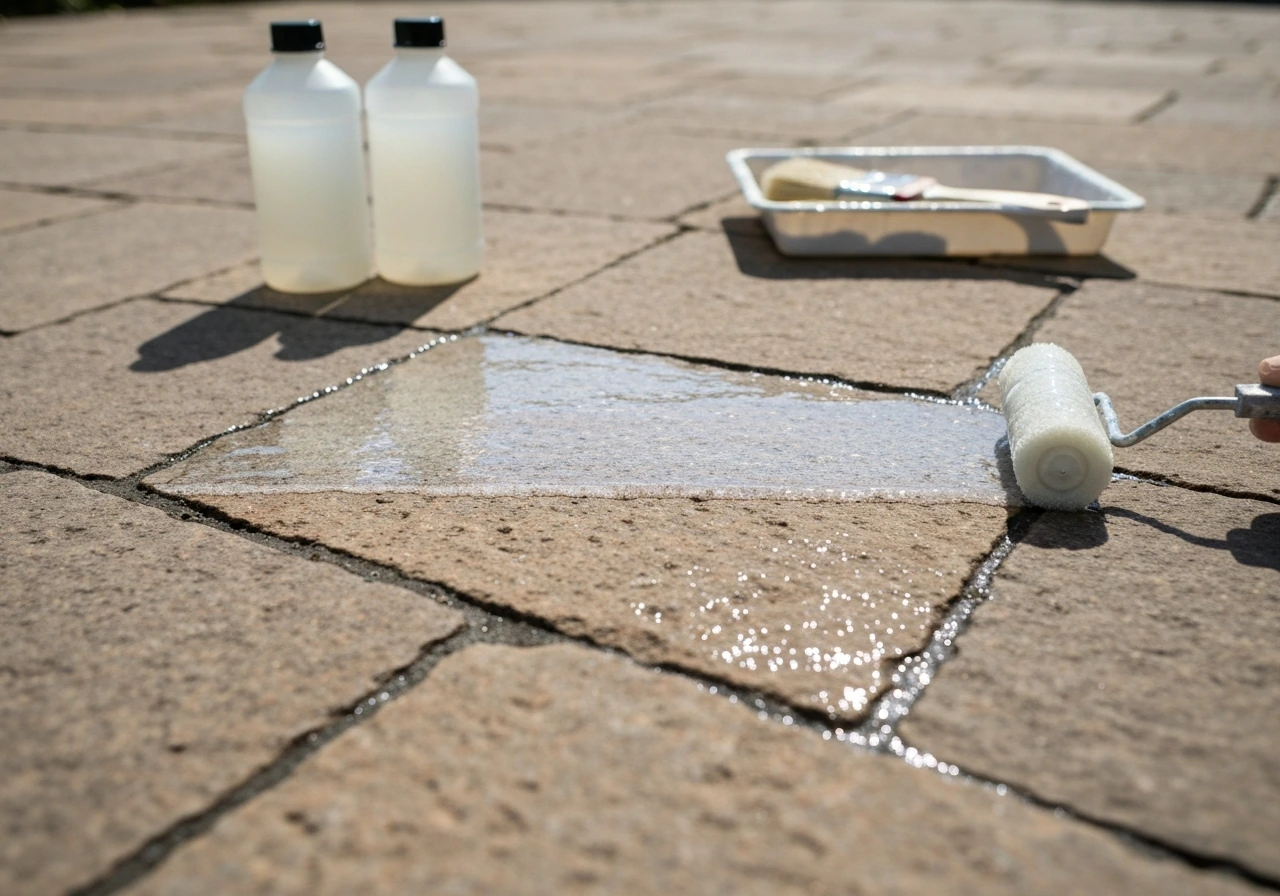 Close-up of patio stone being sealed with clear protective sealer and tools nearby