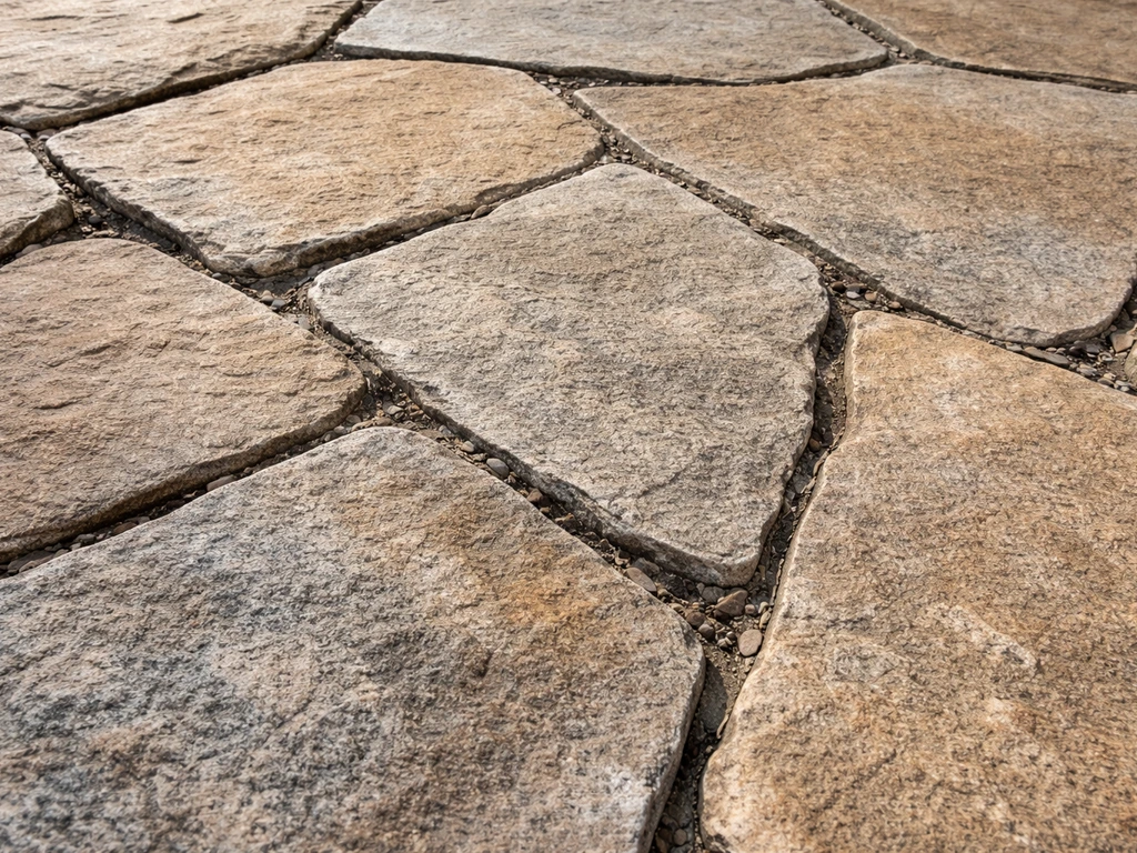 Close-up of irregular flagstone texture with varied stone tones and natural gaps between pavers.