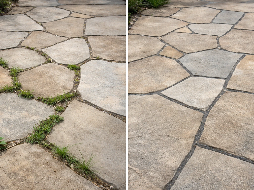 Two small flagstone patio samples showing wide planted joints and tight mortared joints.
