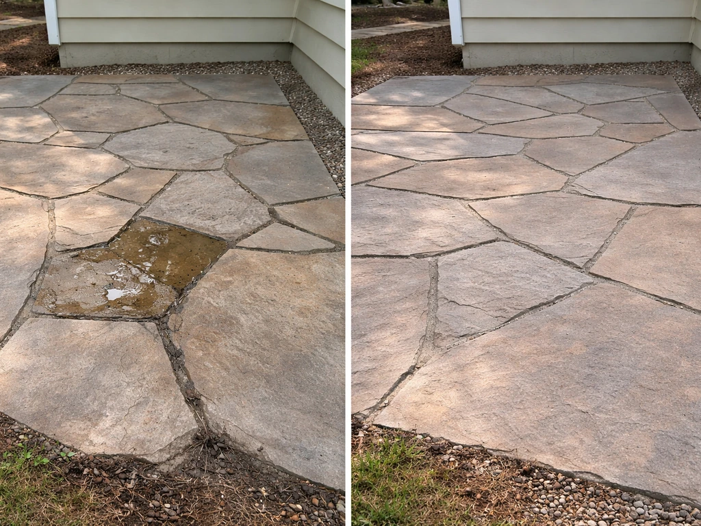 Side-by-side flagstone patio showing water pooling on uneven grade versus proper slope for drainage.