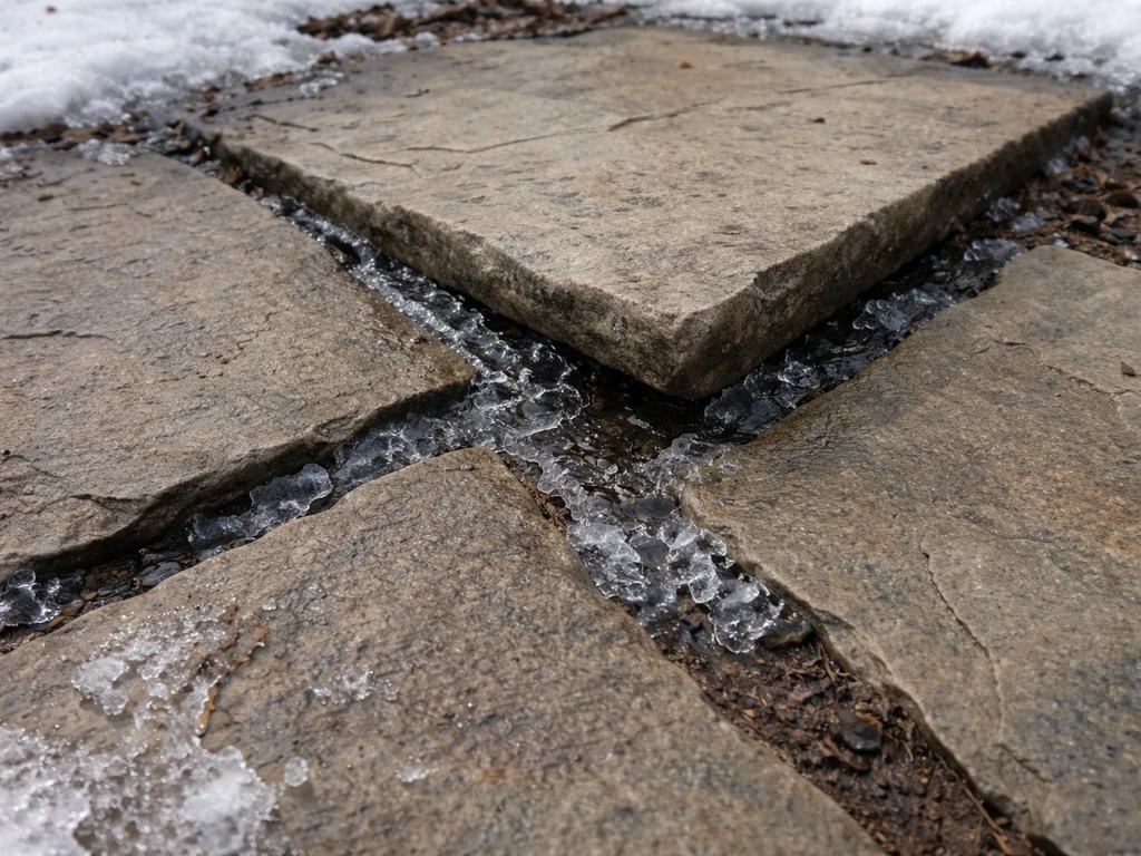 Close-up of flagstones with visible ice at joints and one stone slightly lifted out of level