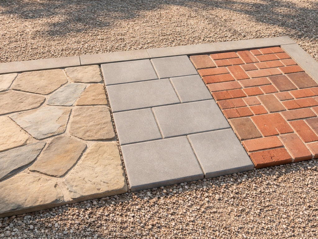 Side-by-side patio material samples showing flagstone, tile, and brick textures and jointing.
