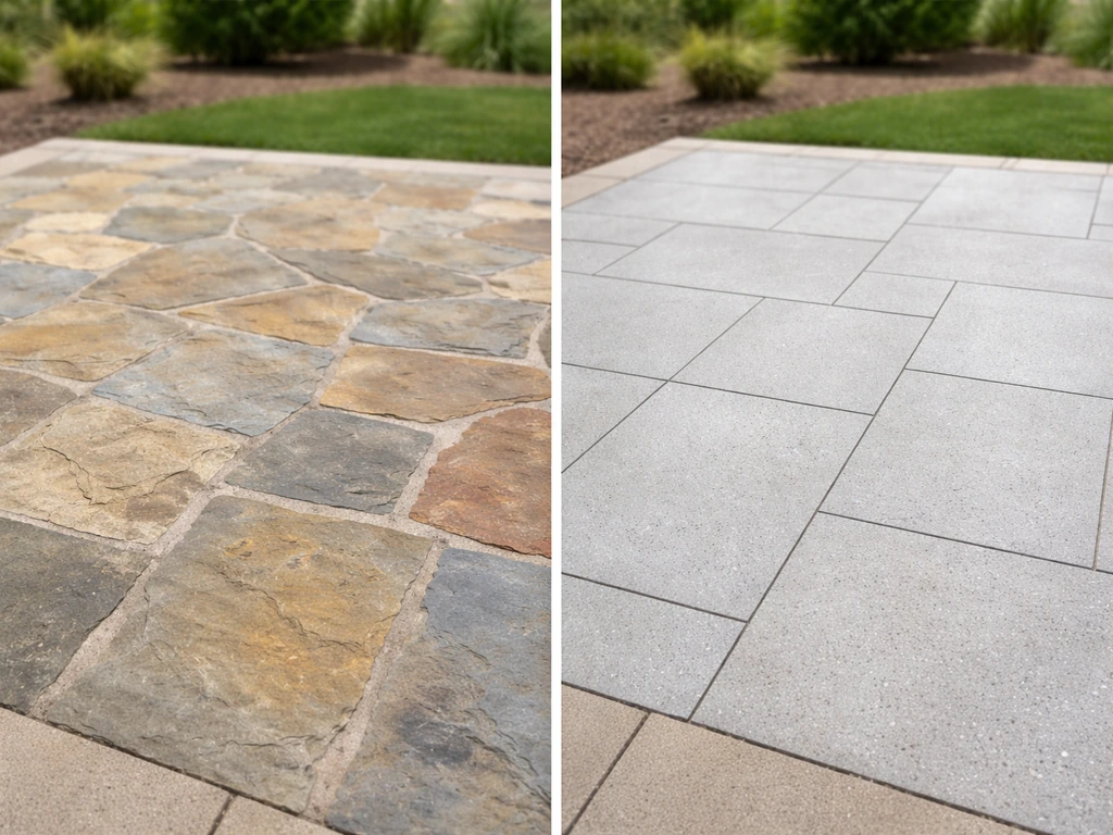 Split patio showing natural stone flagstone on one side and outdoor porcelain tile on the other.