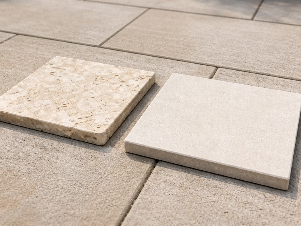 Side-by-side cut natural stone and exterior porcelain paver tile showing their texture differences.