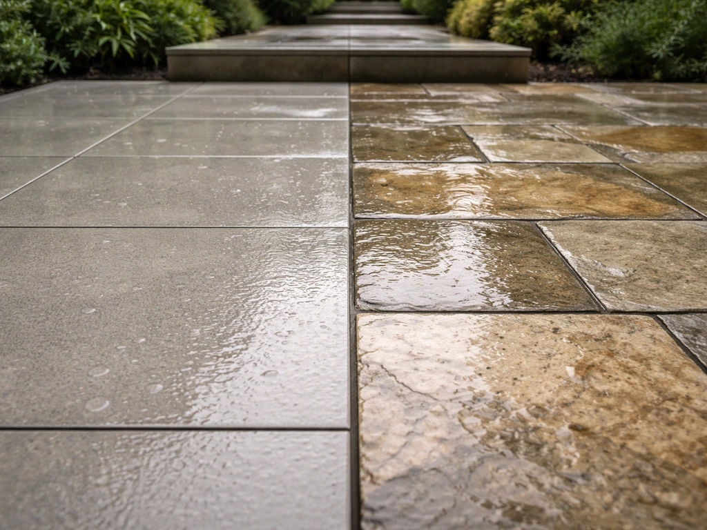 Porcelain and natural stone pavers outdoors after rain showing wet traction and surface texture differences.