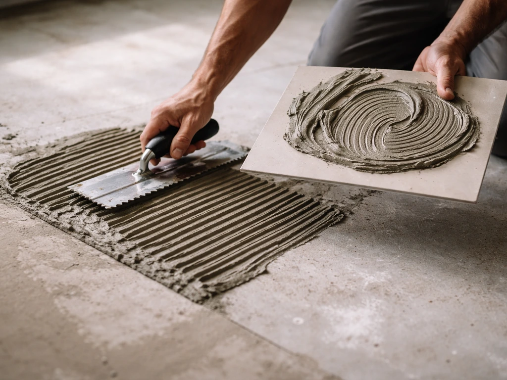 Installer’s hands spreading thinset for porcelain tile on a clean concrete slab with ridged mortar texture.