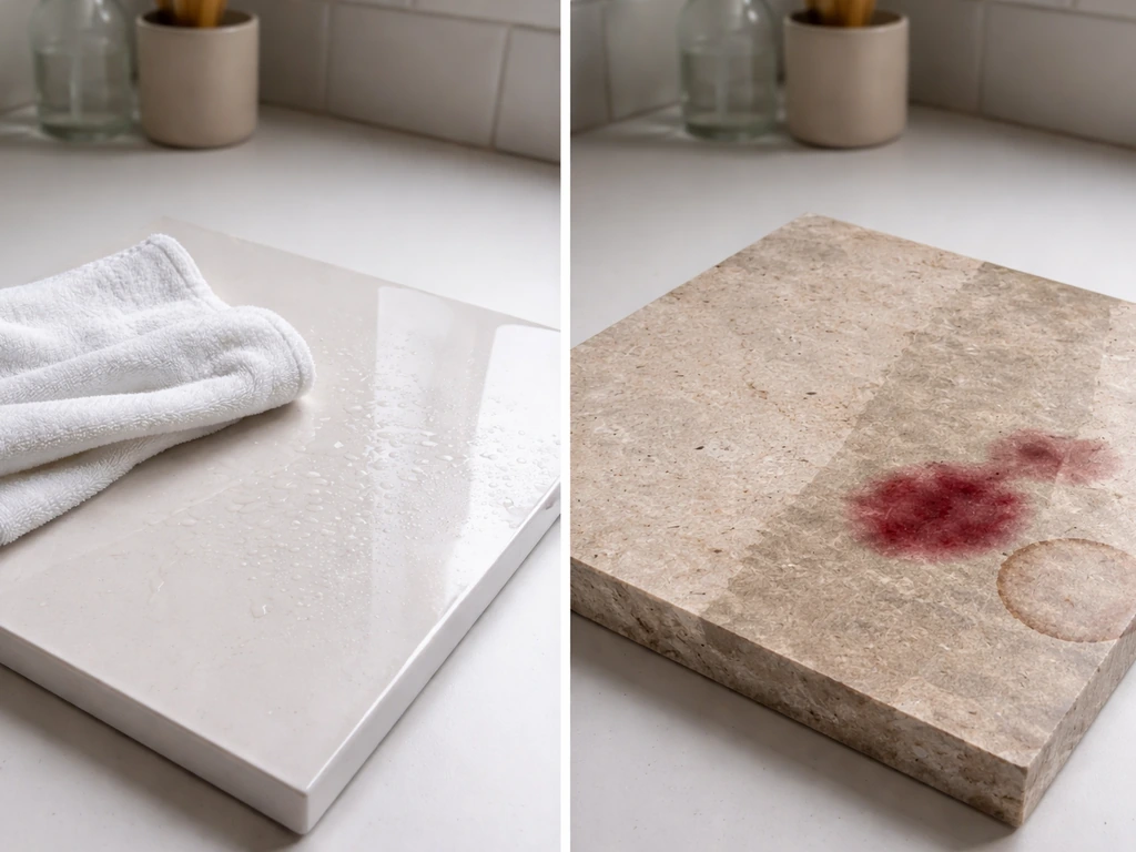 Porcelain tile being wiped clean beside natural stone with sealed vs unsealed stain marks