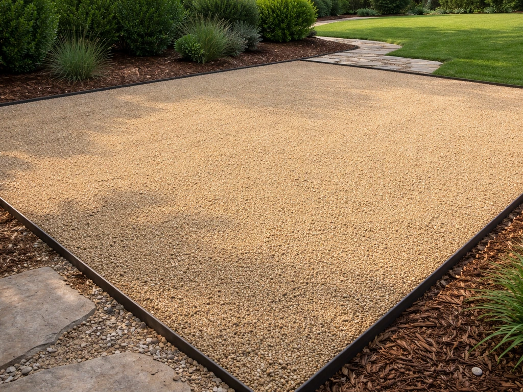 Wide view of a decomposed granite patio with dark edging and visible proper installation context.