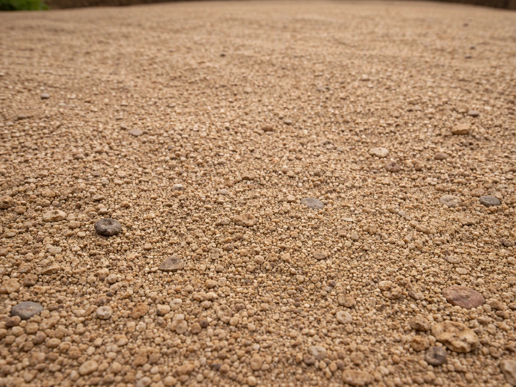 Close-up of compacted decomposed granite with dense crushed-gravel texture for a patio