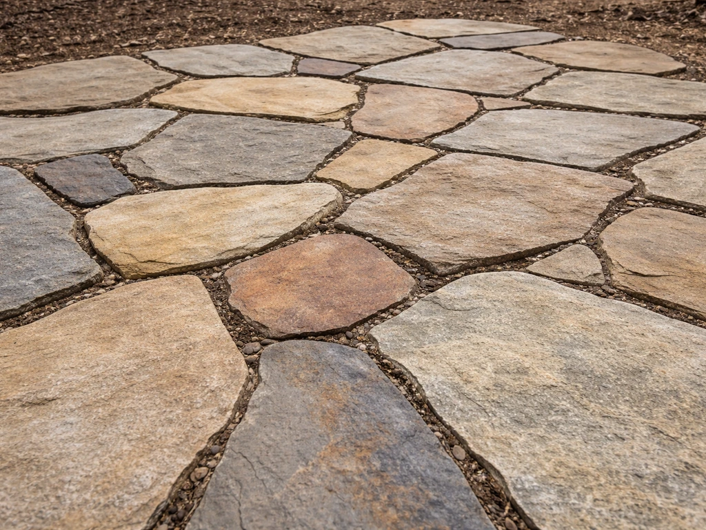 Irregular flagstone pieces laid dry on the ground, showing natural variation and slight gaps.