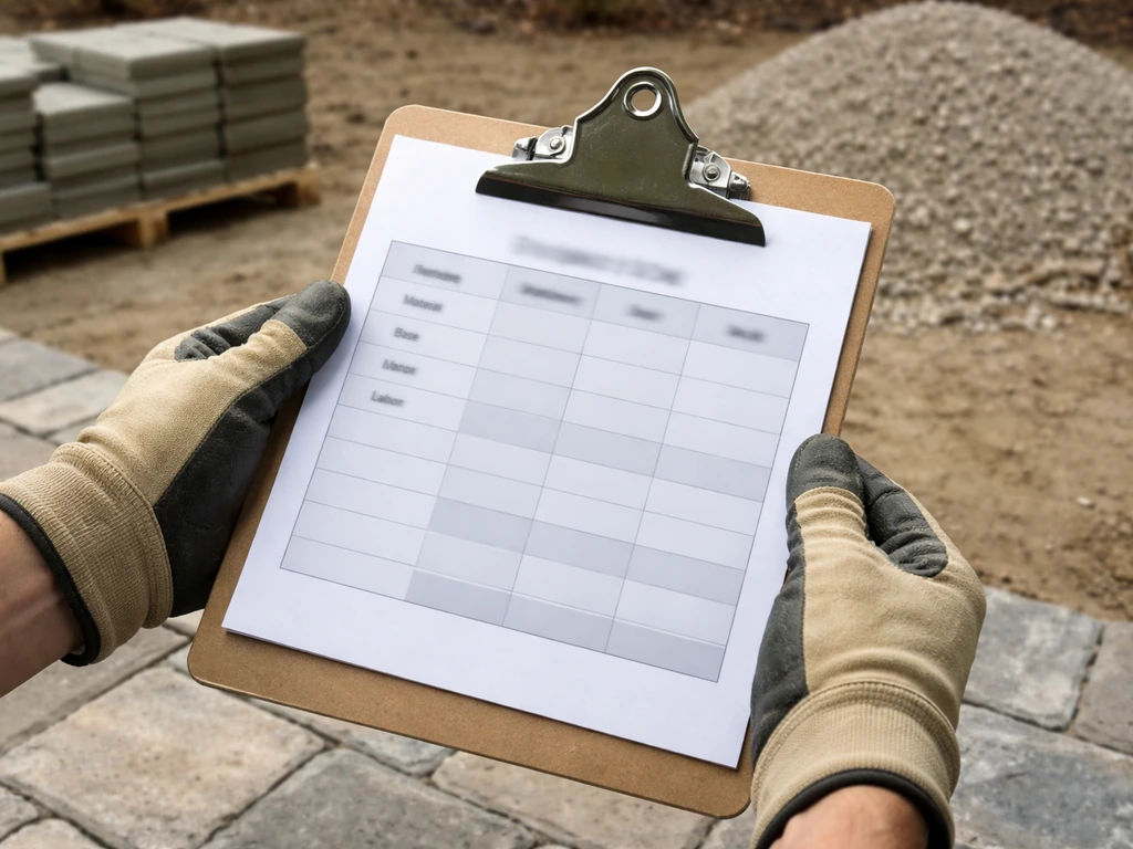 Gloved hands hold a clipboard with a blurred cost-comparison table on a patio construction site.