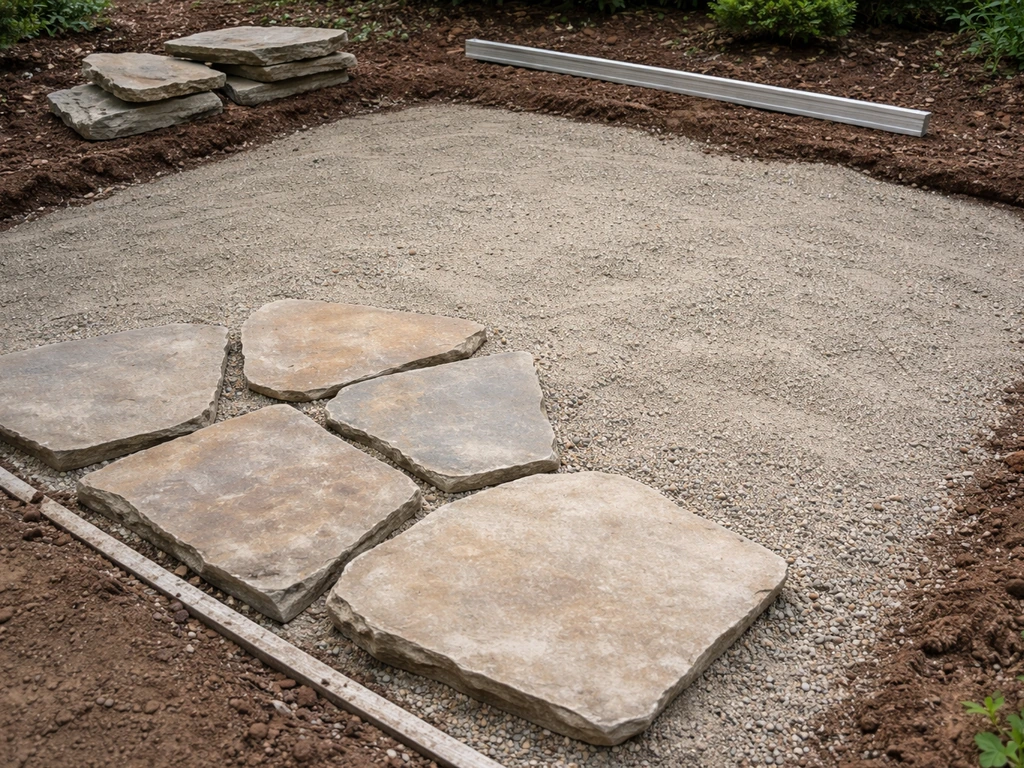 DIY dry-laid irregular flagstone patio base with leveled gravel and placed stones in simple staged view.