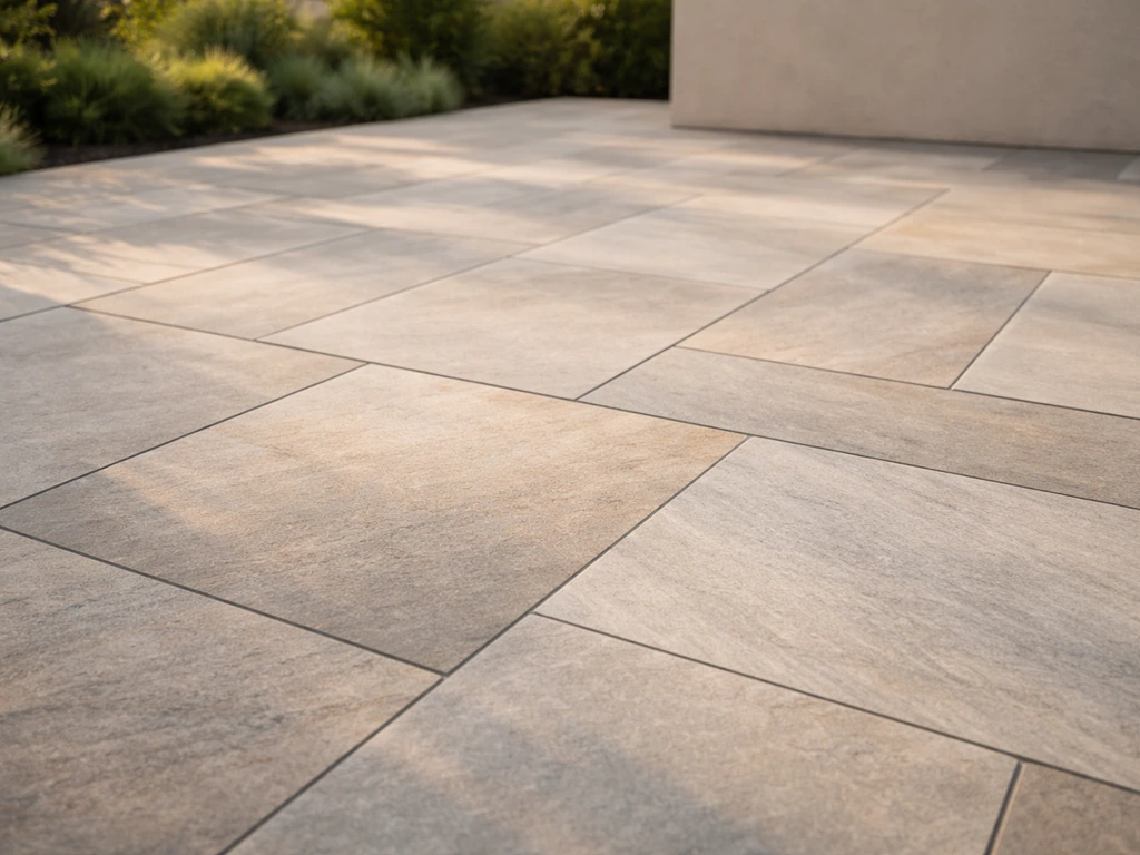 Close-up of a newly installed patio with textured stone and porcelain slabs and neat grout joints.