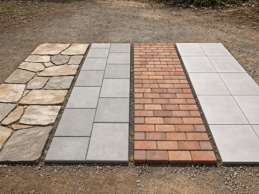 Several patio slab materials—flagstone, concrete pavers, brick pavers, and porcelain tiles—laid side-by-side outdoors.