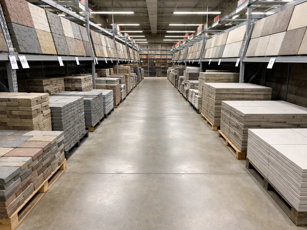 Big-box home improvement aisle with stacked concrete pavers and porcelain patio slabs on display