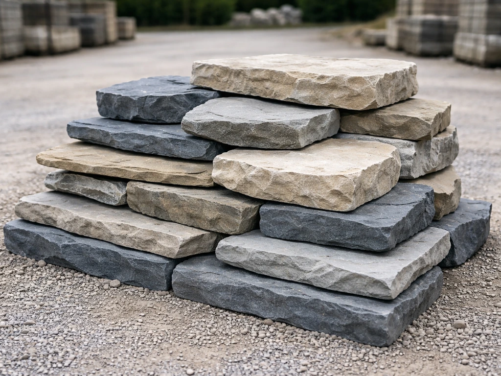 Irregular flagstone and quarry stone slabs in a supplier yard, slate and bluestone pieces ready for patios.