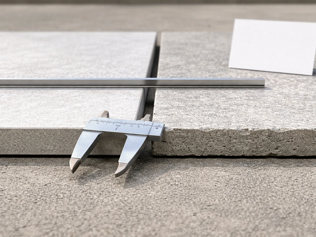 Close-up of outdoor slab edge thickness comparison with calipers and straightedge on a concrete surface.