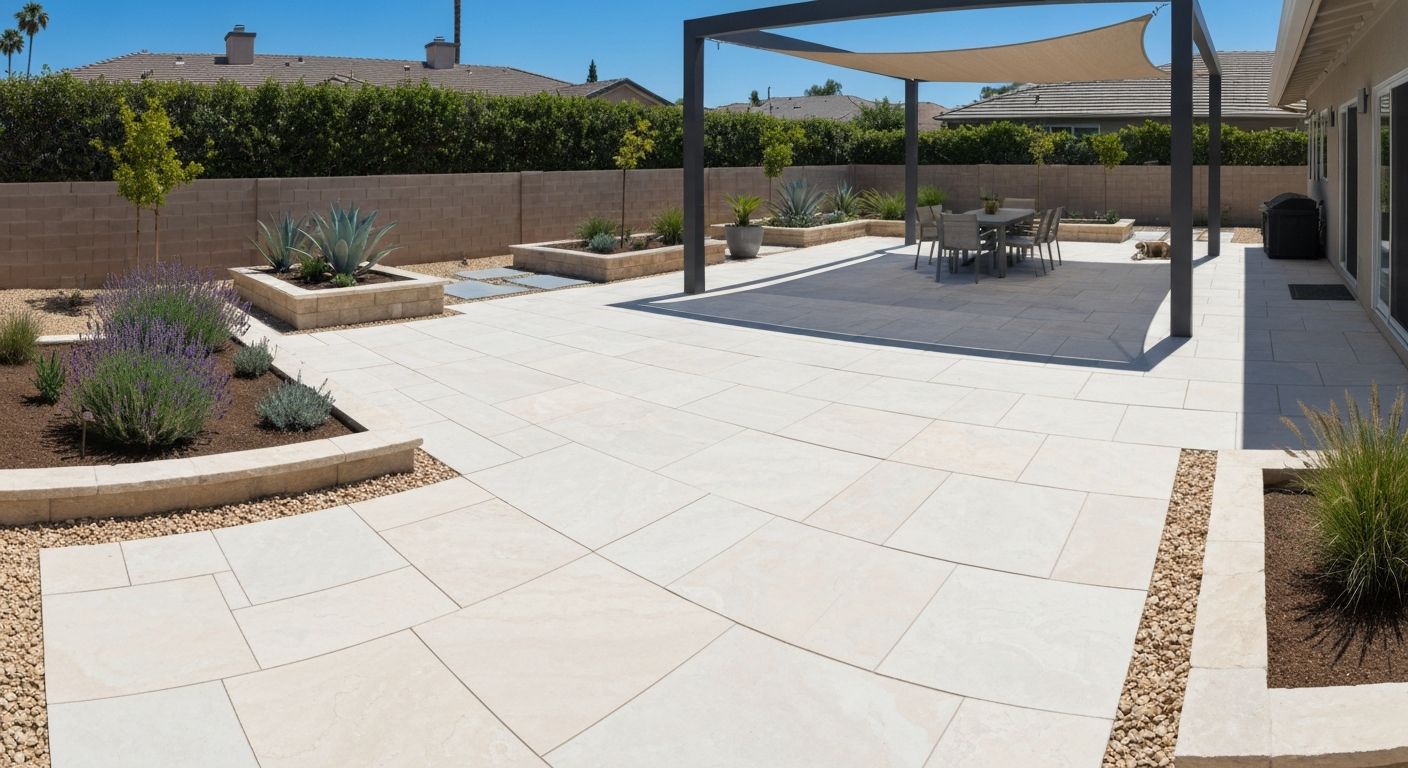 Wide-angle view of a light-colored flagstone and porcelain patio with a pergola, plants, gravel transition, and a dog resting in shade under midday sun.