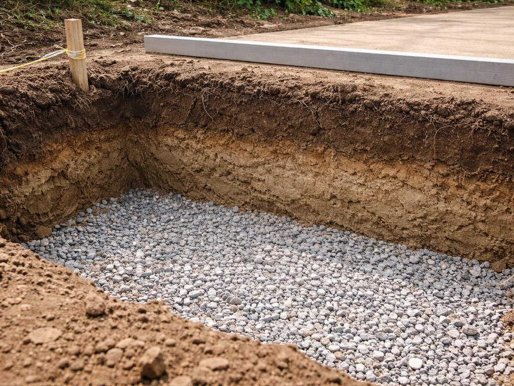 Close-up of excavated ground with layered soil textures and a shallow base depth marker stake