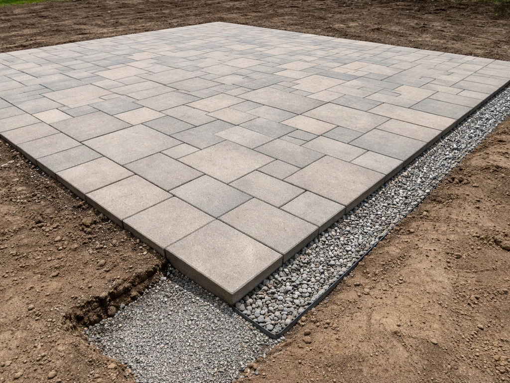 New patio with level pavers and visible graded drainage over clay soil.