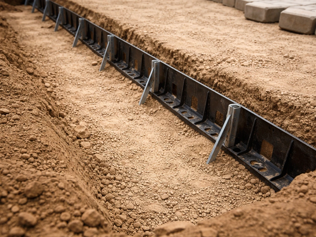 Close-up of installed edge restraints in an excavated trench before paving interlocking pavers