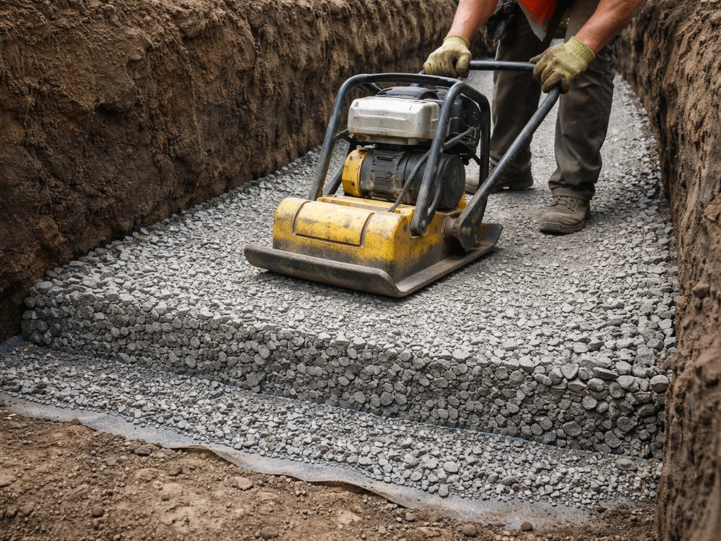 Worker spreading and compacting crushed-stone road base in visible lift layers over a clay subgrade