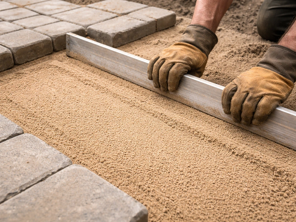 Gloved hands leveling about 1-inch bedding sand with a screed tool as pavers are set into place.
