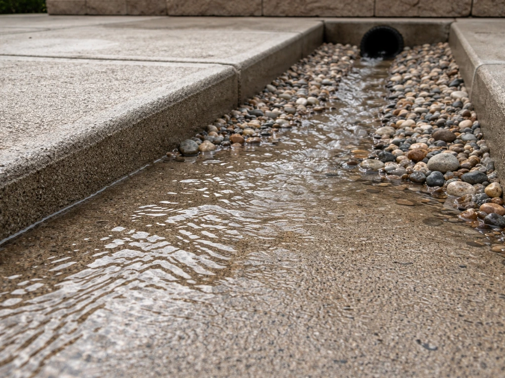 Close-up of sloped patio water flowing into a gravel trench drainage outlet.