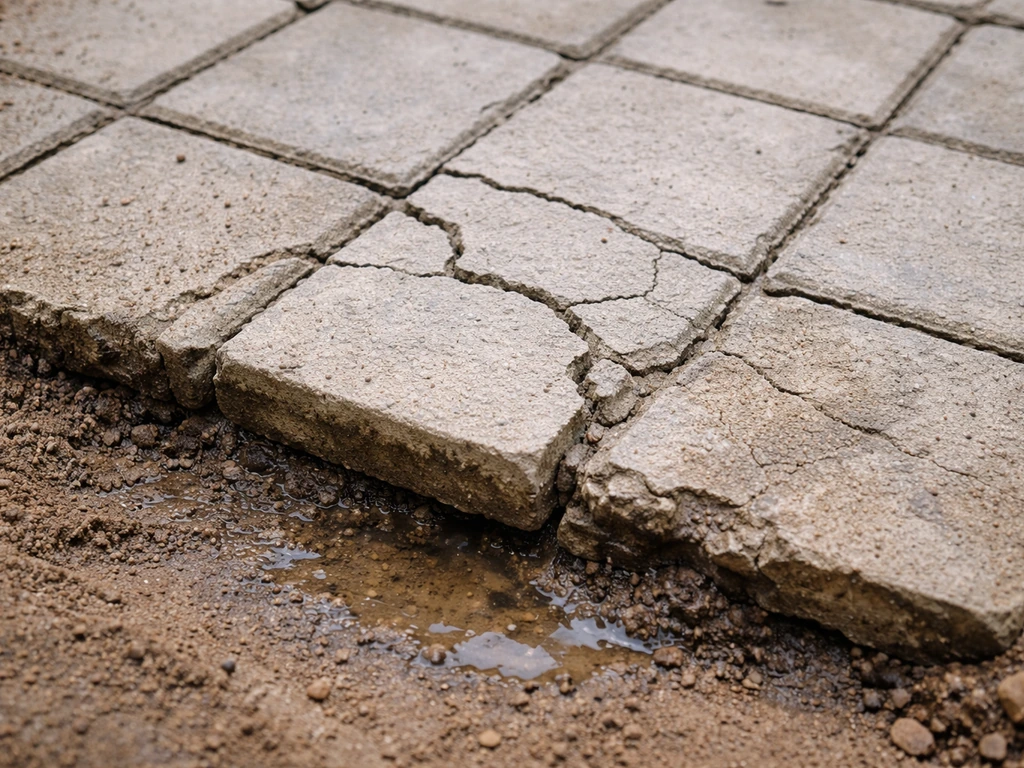Cracked mortar-set tile pavers with signs of water seepage and ground movement in a simple outdoor area