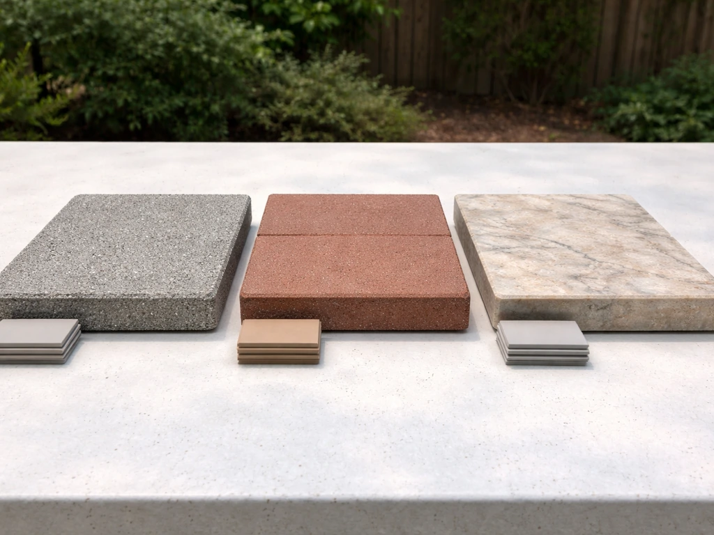 Three side-by-side patio slab samples: concrete, clay brick, and natural stone with thickness cues.