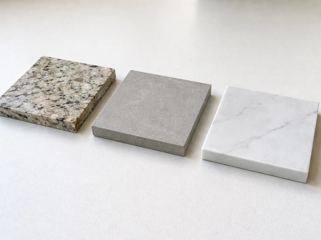 Close-up row of natural stone, concrete, and porcelain slab samples showing texture and slight thickness differences.
