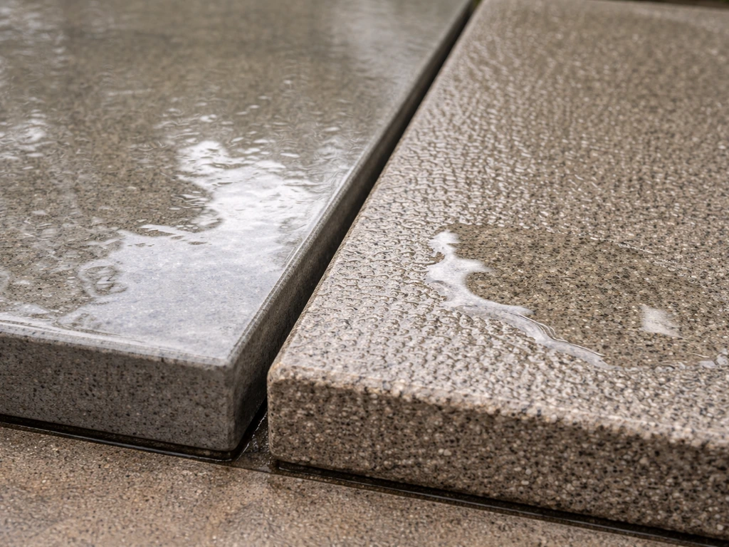 Side-by-side patio slabs showing honed smooth surface and textured sandblasted surface with wet traction.