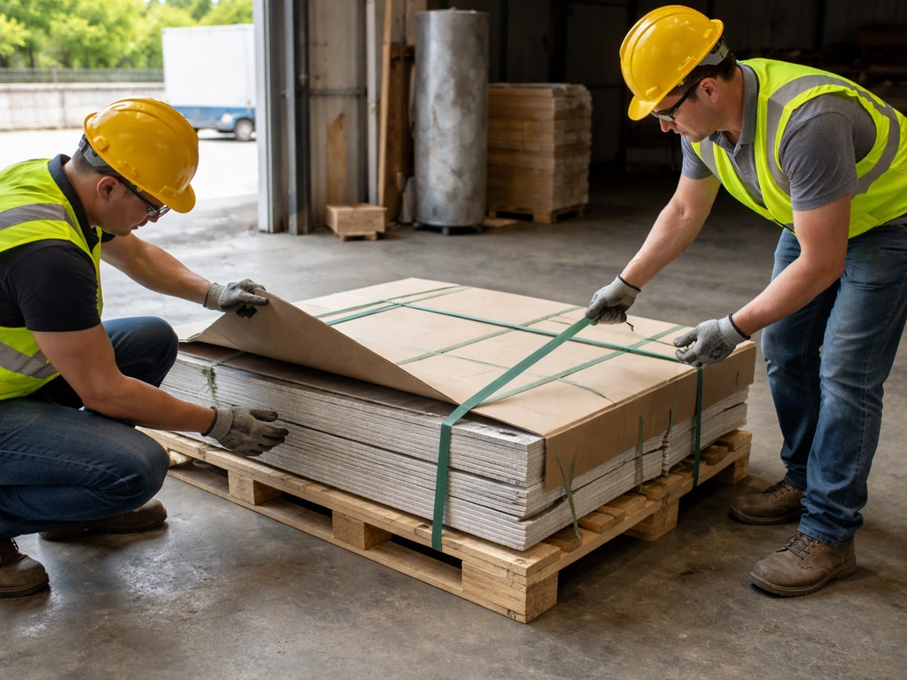 Warehouse workers in protective gear inspecting a pallet wrapped with porcelain stone slabs for damage.
