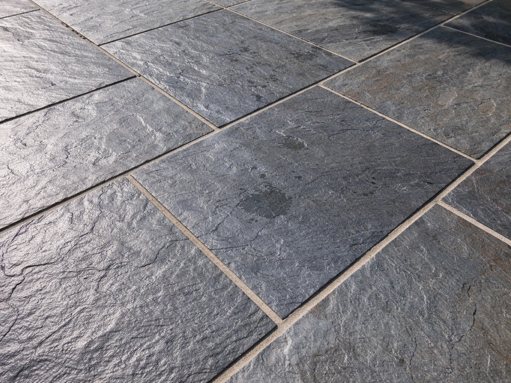 Close-up of a slate patio showing natural cleft texture, layered tones, and grout lines in daylight.