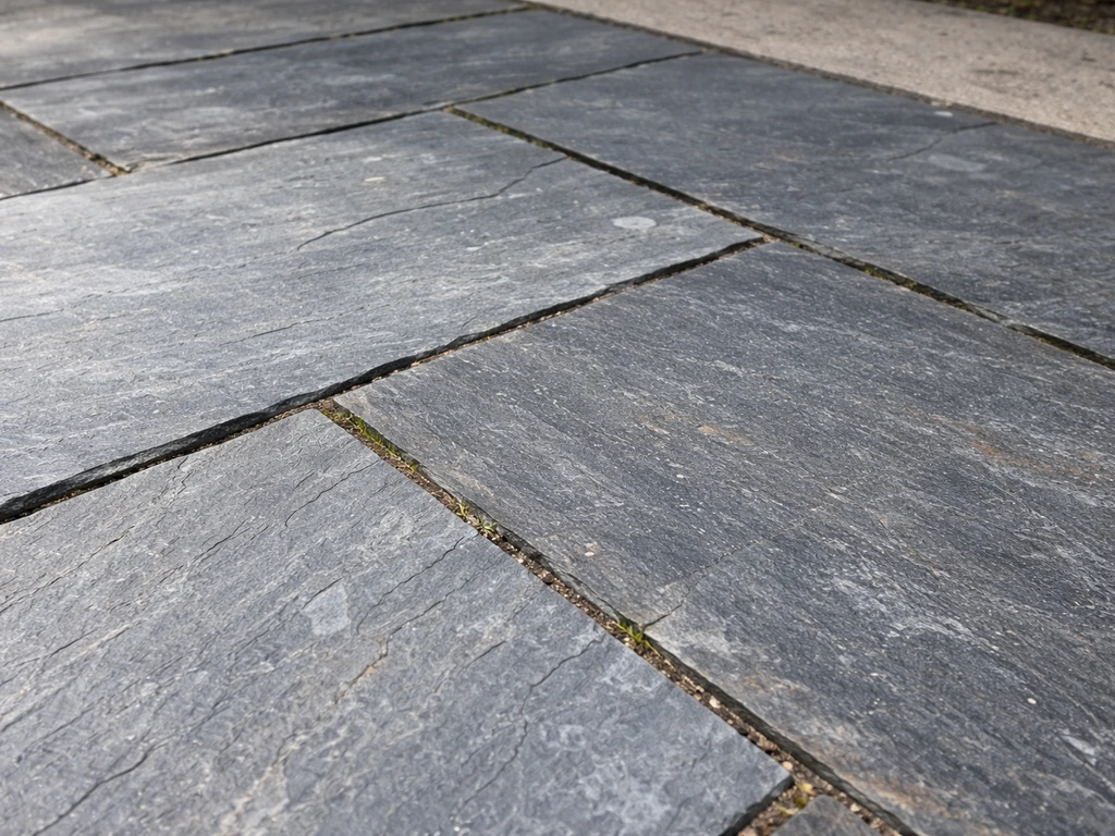 Close-up of a slate patio with natural layered cleft pattern and dark gray color variation.
