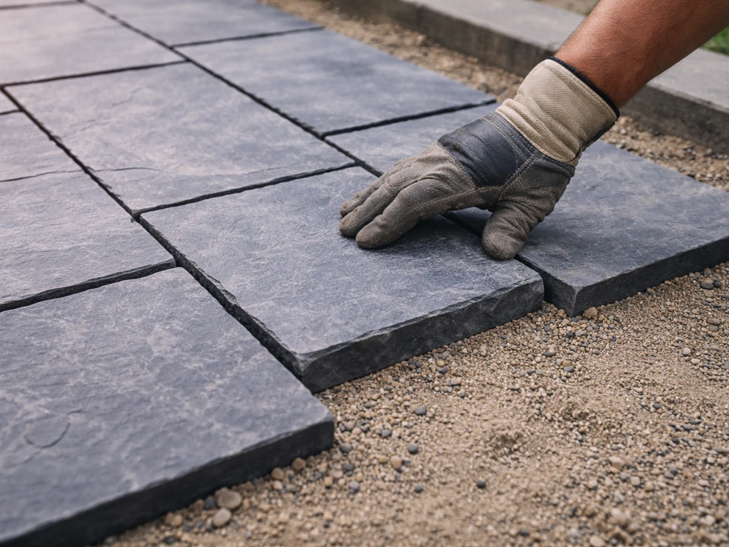 Close-up of slate pavers installed on a compacted base, tight joints, and clean straight alignment.