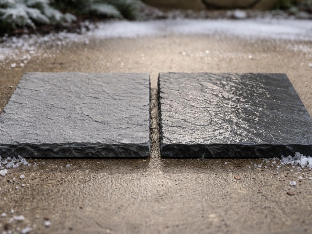 Two natural cleft slate pavers on wet concrete, one sealed with subtle sheen, in a winter outdoor setting with frost.