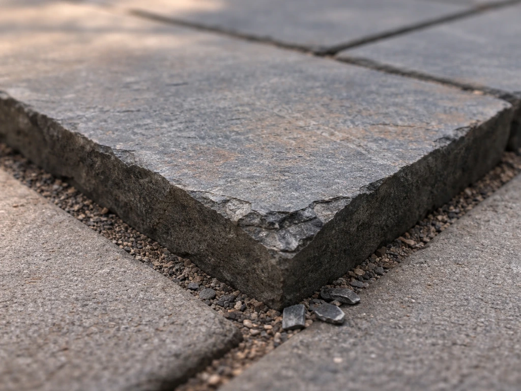 Close-up of a chipped slate paver edge with small flakes and rough impact damage