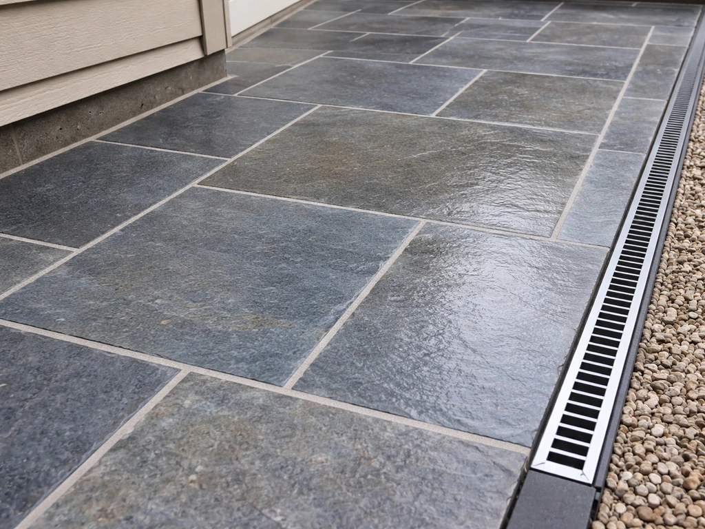 Outdoor slate patio with grout joints and a visible drainage line sloping away from the house