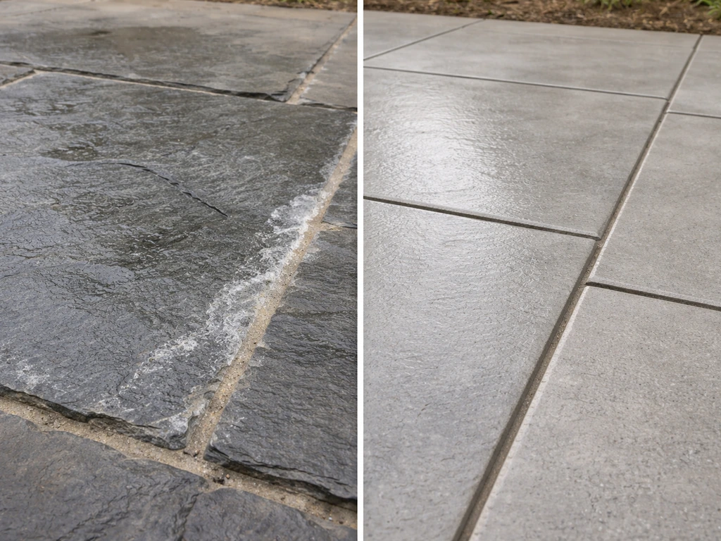 Porcelain paver walkway beside a slate surface showing dampness and faint white salt-like deposits