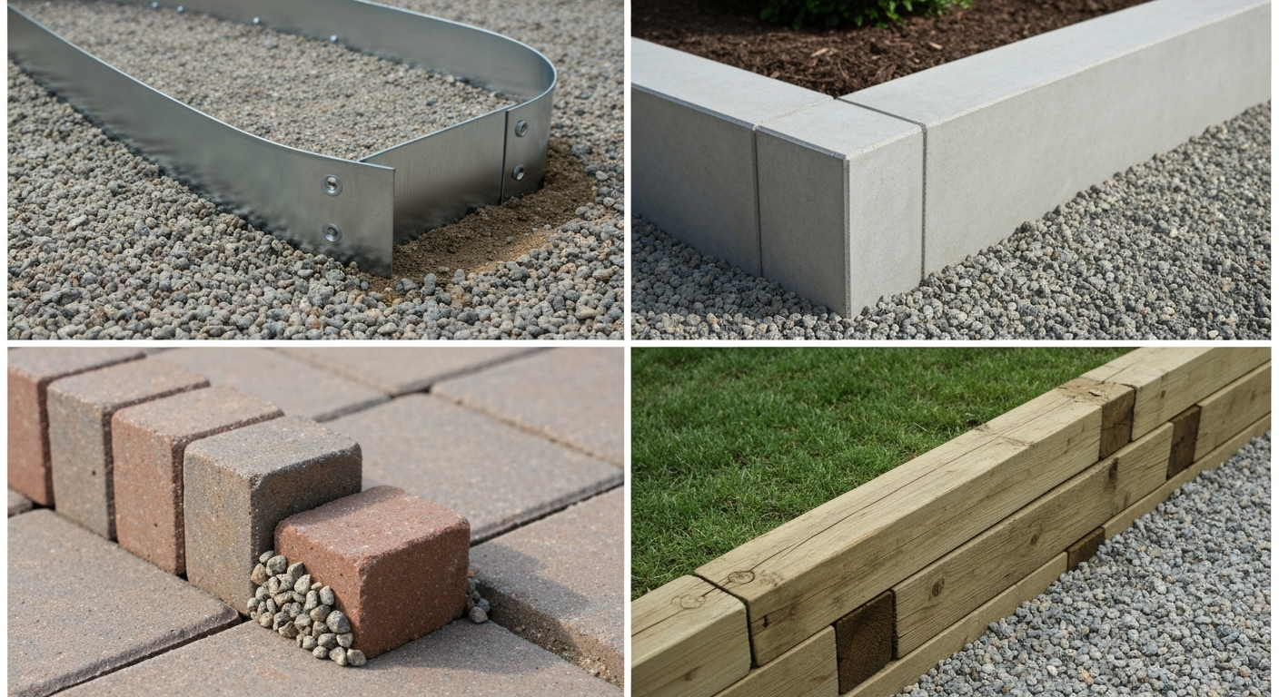 Composite of four close-up photos showing steel edging, poured concrete curb, soldier-course pavers, and timber border containing pea gravel